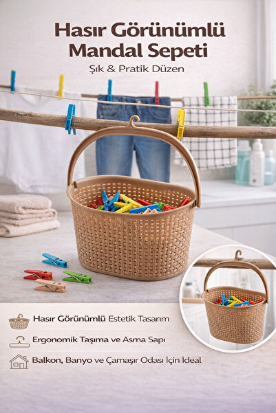 Hane Dostu Hasır Görünümlü Askılı Mandal Sepeti Plastik – Balkon ve Çamaşır O...