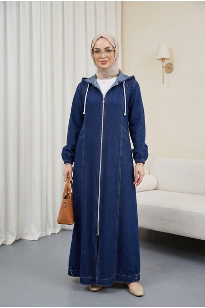 Modamorfo Дълга яке с качулка, цип, еластични маншети и джобове - Индиго