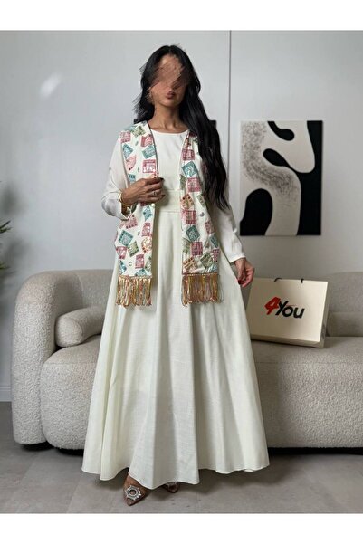Generic فستان ابيض انيق مع صدرية مطرزة بلمسة تراثية