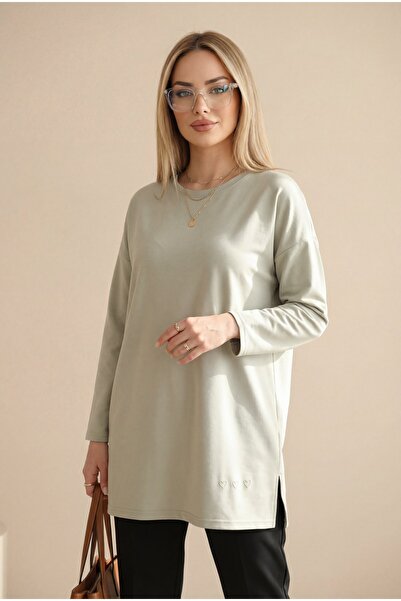 MissRunin Eteği Kalp Detaylı Yırtmaçlı Salaş Penye Tunik