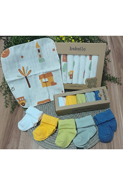 Leylababybutik 7 li Müslin Ağız Mendili ve 5'Li Çorap Seti
