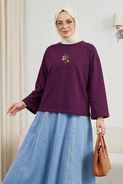 Modamorfo Round Neck Loose Combed Cotton Tunic with Floral Embroidery on the ...