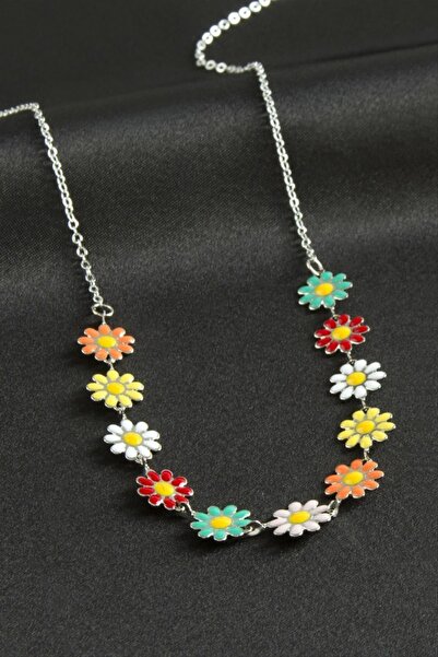 ZERO LAND Storozal Daisy Enamel Necklace - (64126) Silver Color