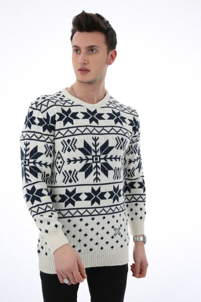DGSTYL3 Dotted Patterned Cream Thick Winter Casual Knitwear Sweater