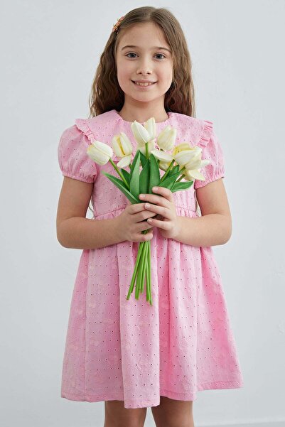 Fulla Moda Cherry Embroidered Brode Detailed Baby Collar Girl's Dress