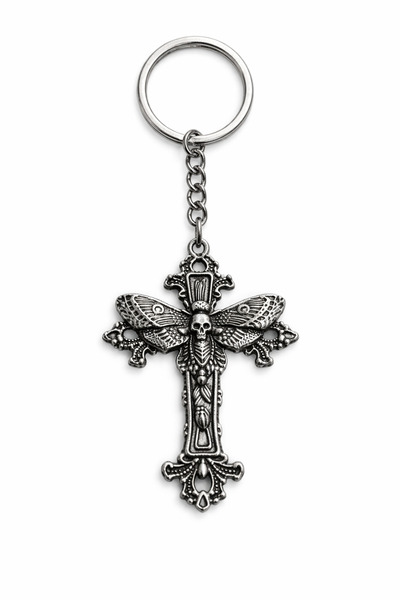 HER ŞEY NOTA www.herseynota.com Cross Keychain with Winged Skull Figure – Ant...