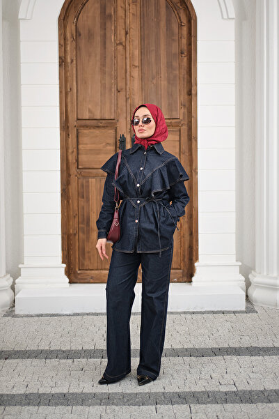 LOCCO Women's Ornamental Stitching Detailed Ruffled Shoulder Jeans Set with T...