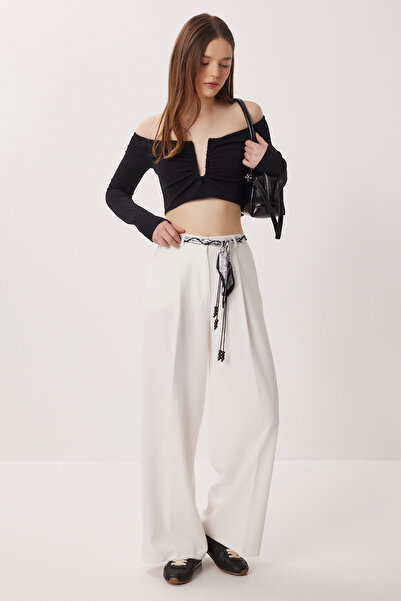 Lovelyİstanbul Foulard Belted Woven Palazzo Trousers Lby0051 White
