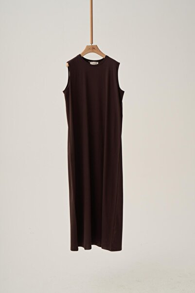 ALLDAY Bitter Coffee-Plus Size Cotton Crew Neck Sleeveless Lycra Underwear Dress