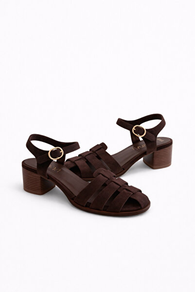 nope21shoess Nova Brown Genuine Leather Heeled Sandals