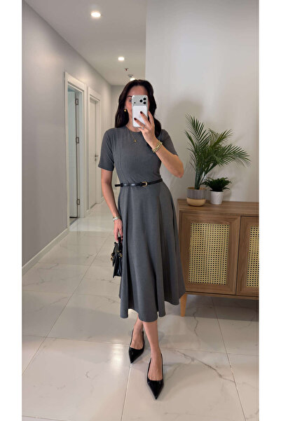 BİRCANÇİL Fhewry Gray Short Sleeve Belted Dress