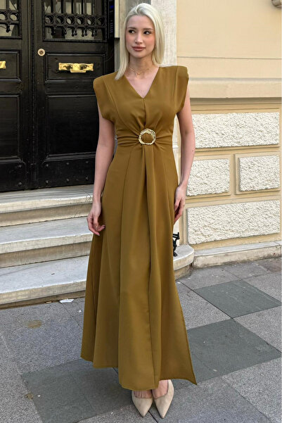 Madmext Rochie maxi verde pentru femei, cu decolteu în V și fermoar Mg2713