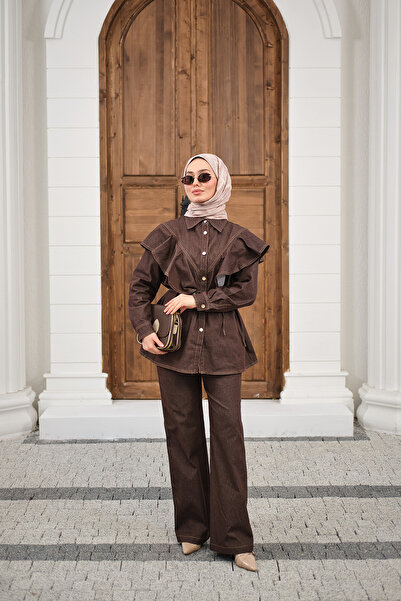 LOCCO Women's Ornamental Stitching Detailed Ruffled Shoulder Pants Denim Suit...