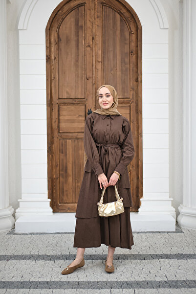 LOCCO Women's Skirt Flounce Waist Tie Shirt Collar Half Buttoned Dress Brown