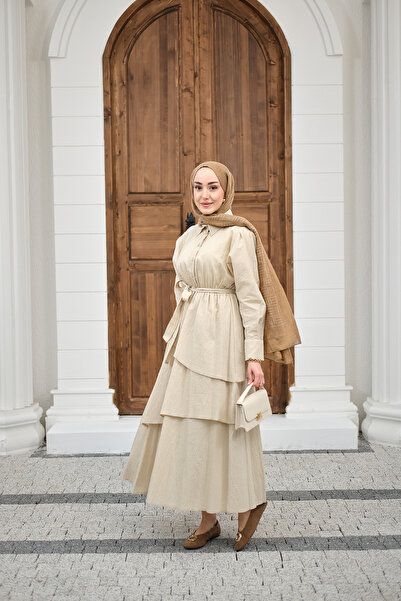 LOCCO Дамска пола с волани, колан в талията, яка, рокля с половин копчета, кр...