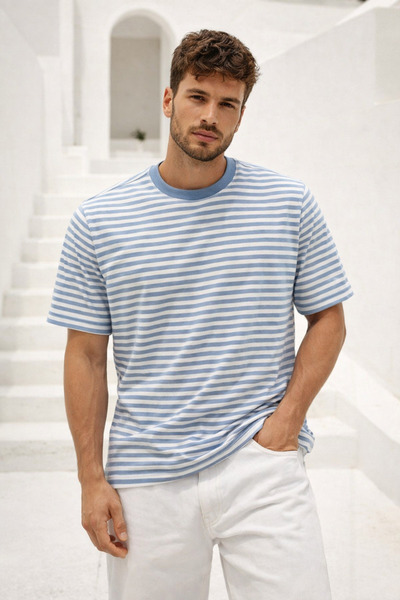 Rich Men's Blue Striped Soft Textured Cotton Basic T-Shirt