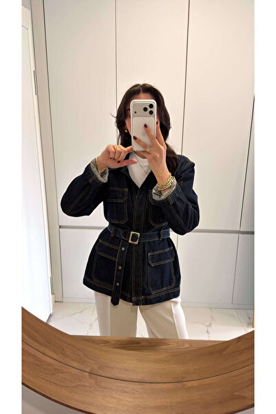 BİRCANÇİL Fista Dark Blue Belted Jacket with Pocket Detail