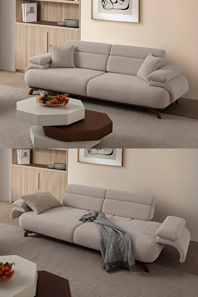 Eymense Bonjo Sırt Mekanizmalı Ceviz Kasalı Üçlü Koltuk Kanepe Bej