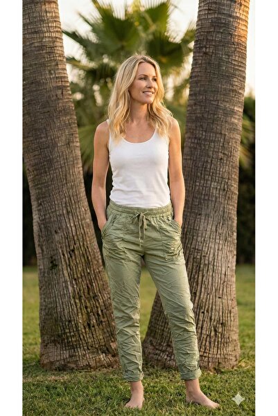 Punta Otantik Pt91530 Pocket Satin Zipper Detailed Italian Cotton Trousers Khaki