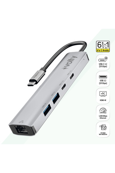 Volty Type-C Çoğaltıcı Hub 5 in 1 | 1000Mbps Ethernet, 4K HDMI, 10Gbps, 100W ...