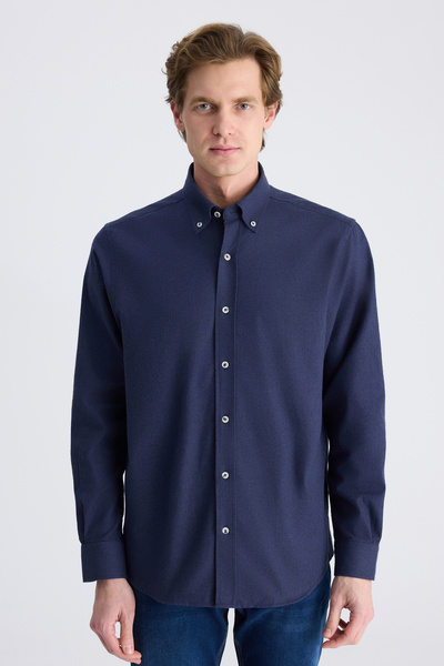 D'S Damat Ds Damat Comfort Navy Blue Herringbone Cotton Shirt