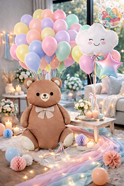 Joyane Teddy Bear Pastel Balloon Set of 30 |   90 cm Bear + Cloud + Star Foil...