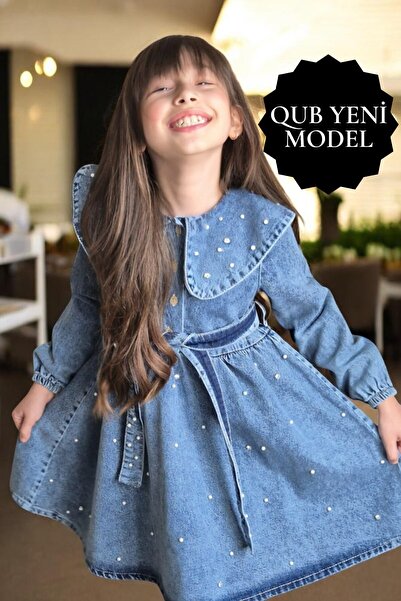QUB CLUB Kız Çocuk İncili Kot Bayramlık Yeni Sezon Elbise