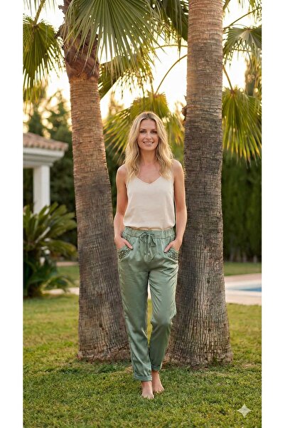 Punta Otantik Pt91520 Italian Satin Trousers with Pocket Lace and Stone Detai...