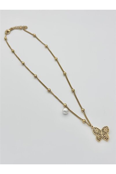THE ORIGINALS Kadın Çelik Toplu Zincirli İncili Motif Kelebek Figürlü Gold Re...