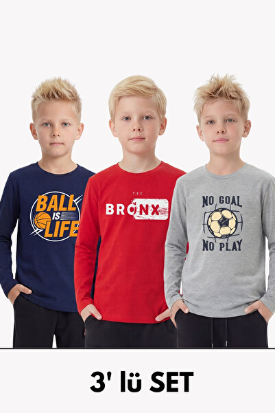 panios kids Pachet de 3 tricouri pentru băieți cu mânecă lungă, cu guler rotu...