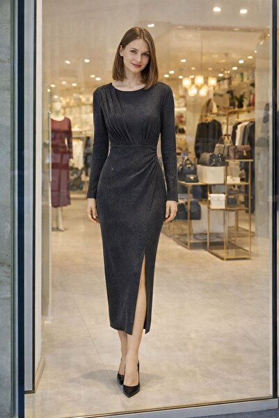 Miora Fashion Kadın Siyah Simli Midi Abiye Elbise Uzun Kollu Yırtmaçlı Drapel...