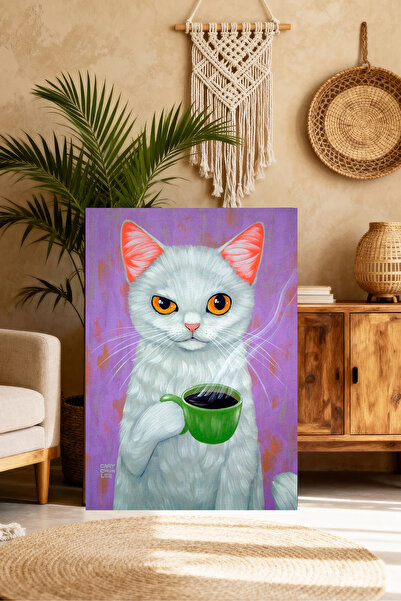 Mushen Studio Pictură Pisică Albă Beând Cafea - Portret Drăguț de Animal cu F...