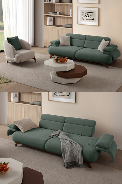 Eymense Bonjo Sırt Mekanizmalı Ceviz Kasalı Koltuk Takımı 3+1 Yeşil