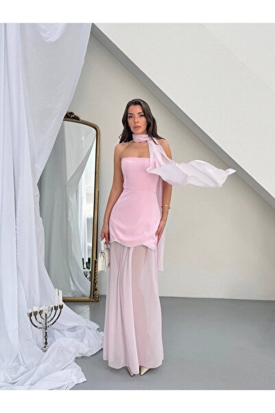 conconmoda Straplez Şal Detay Tasarım Mercan Elbise