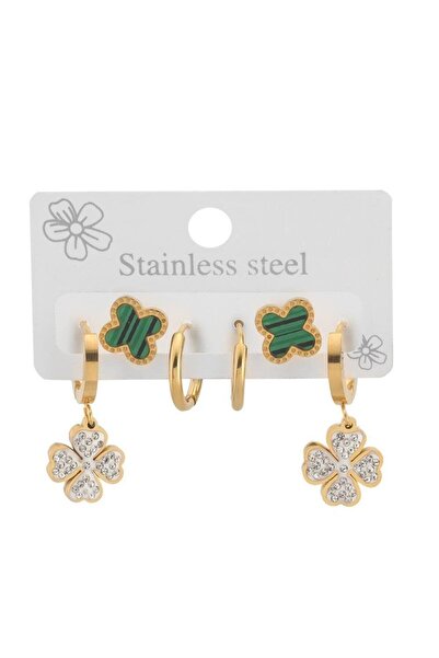 THE ORIGINALS Çelik Altılı Yonca Model Gold Renk Küpe Set