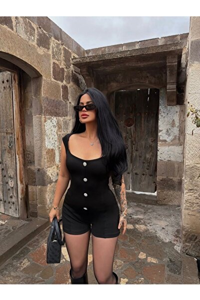 b buhari bykoc New Season Double Layered Stone Button Detailed Jumpsuit