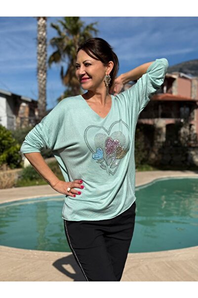 Punta Otantik Yg27030 Five Heart Patterned Italian Knitwear Blouse Mint