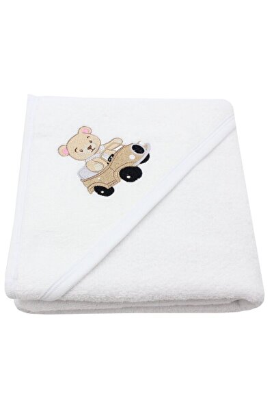 PRICHINDEL Prosop cu glugă , Ursulețul Marti în mașină, Bumbac, Alb, 80 x 100 cm