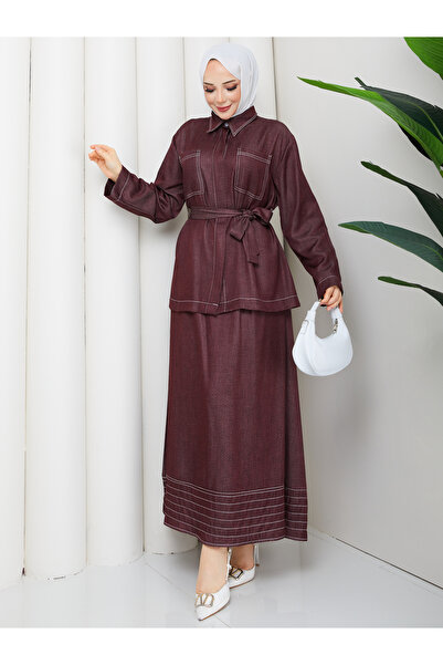 RACE FASHİON Τζιν πουκάμισο και φούστα με ραφές σε αντίθεση, σετ χιτζάμπ RC9023