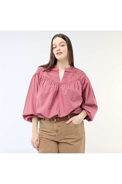 KIABI Long-Sleeved Blouse with Embroidery RED