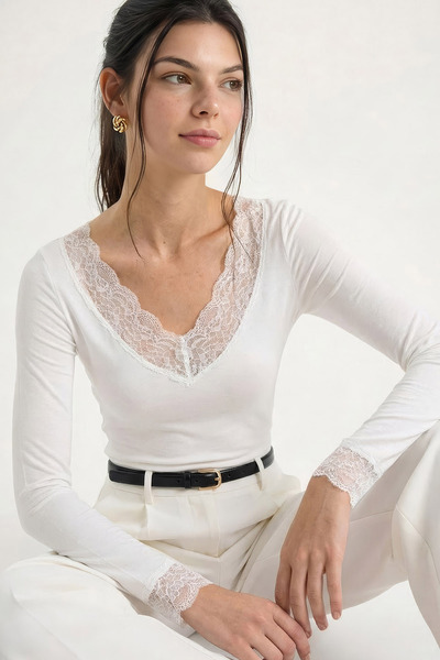 Bianco Lucci Women's V-Neck Lace Viscose Blouse 1041 60283944