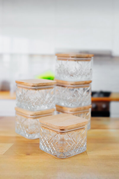 FeyzaDesign 6'lı Kare Ahşap Kapaklı Cam Saklama Kabı, Çerezlik, Çok Amaçlı, 2...