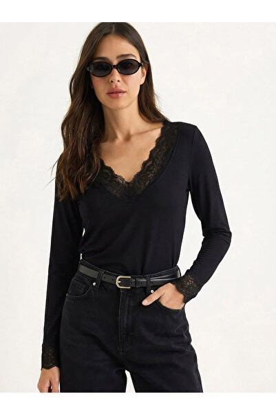 Bianco Lucci Women's V-Neck Lace Viscose Blouse 1041 60283944