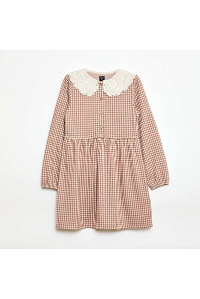 KIABI Jacquard Knit Dress with Peter Pan Collar BEIGE