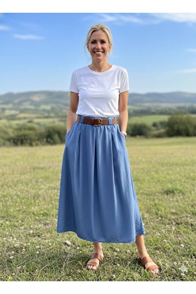 Punta Otantik Nc3254 Pleated Belted Italian Tencel Skirt Baby Blue