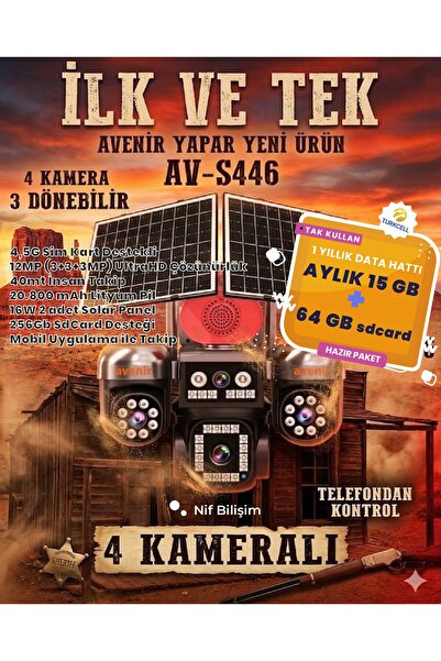 Nif Bilişim Avenir 4 Kameralı 4G solar Kamera 1 Yıllık 15GB 4.5G Sim Kart + 6...