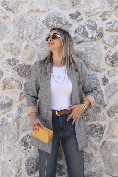 bytugcekaya Mustard striped single button plaid blazer