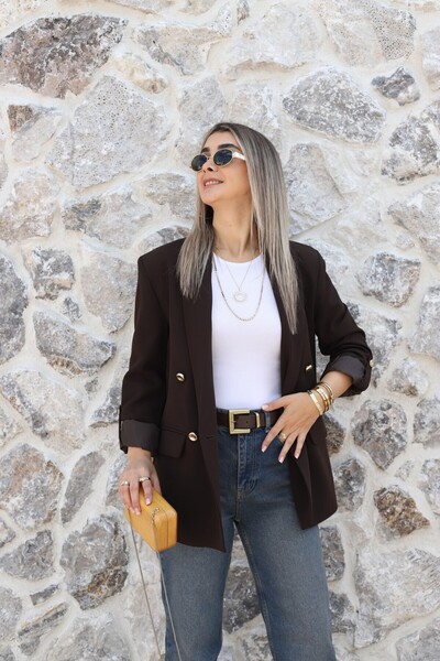 bytugcekaya Coffee-colored, layered blazer with gold button detail