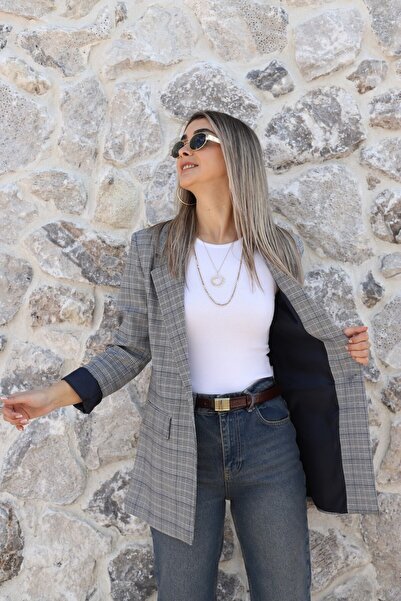 bytugcekaya Navy Blue Striped Single Button Plaid Blazer