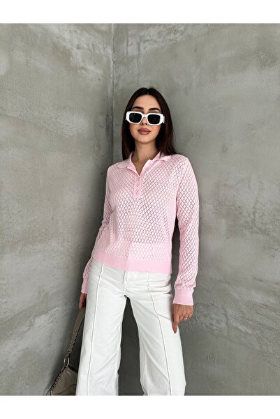 LA POMME Polo Collar Perforated Half Placket Buttoned Knitwear Blouse Lp66016
